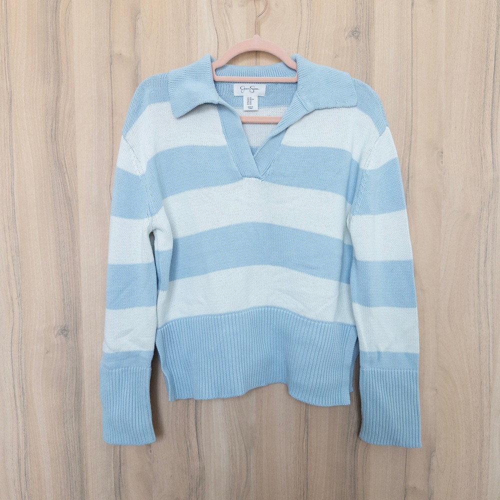 Womens Striped Sweater XS Blue‎ White Collared V-Neck Preppy Coastal Nautical